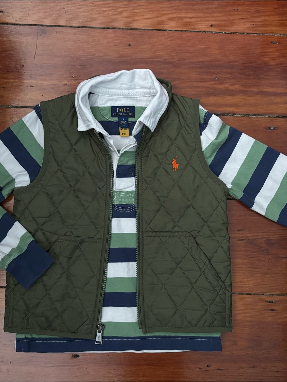 Polo by Ralph Lauren White Navy Green Striped Rugby Shirt with Red Pony